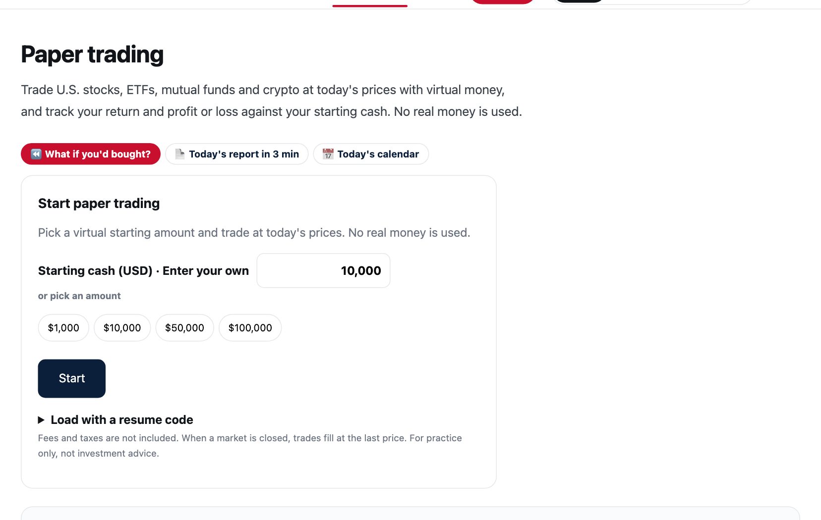 Paper trading start screen