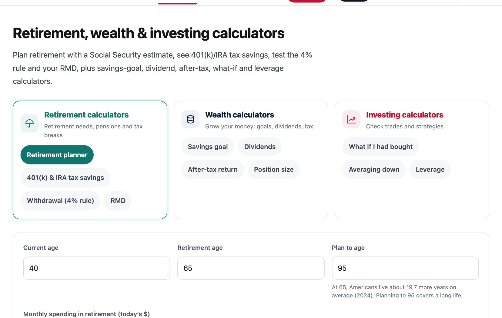 Calculators page