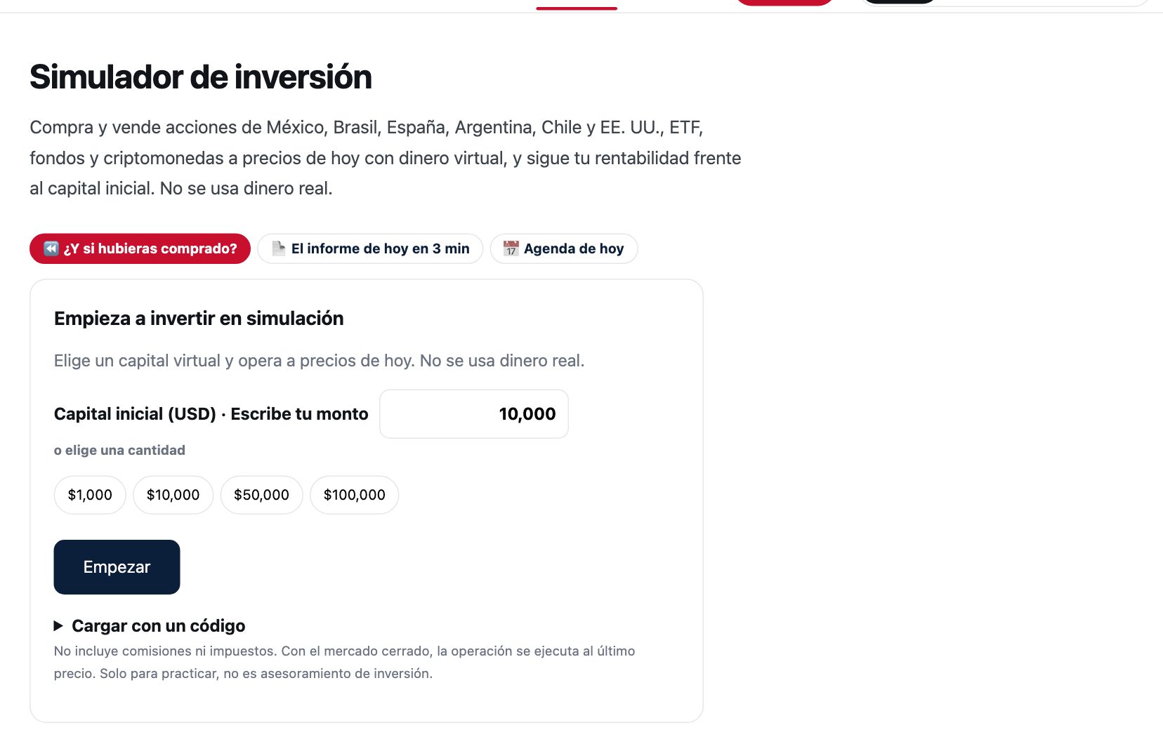 Pantalla inicial del simulador