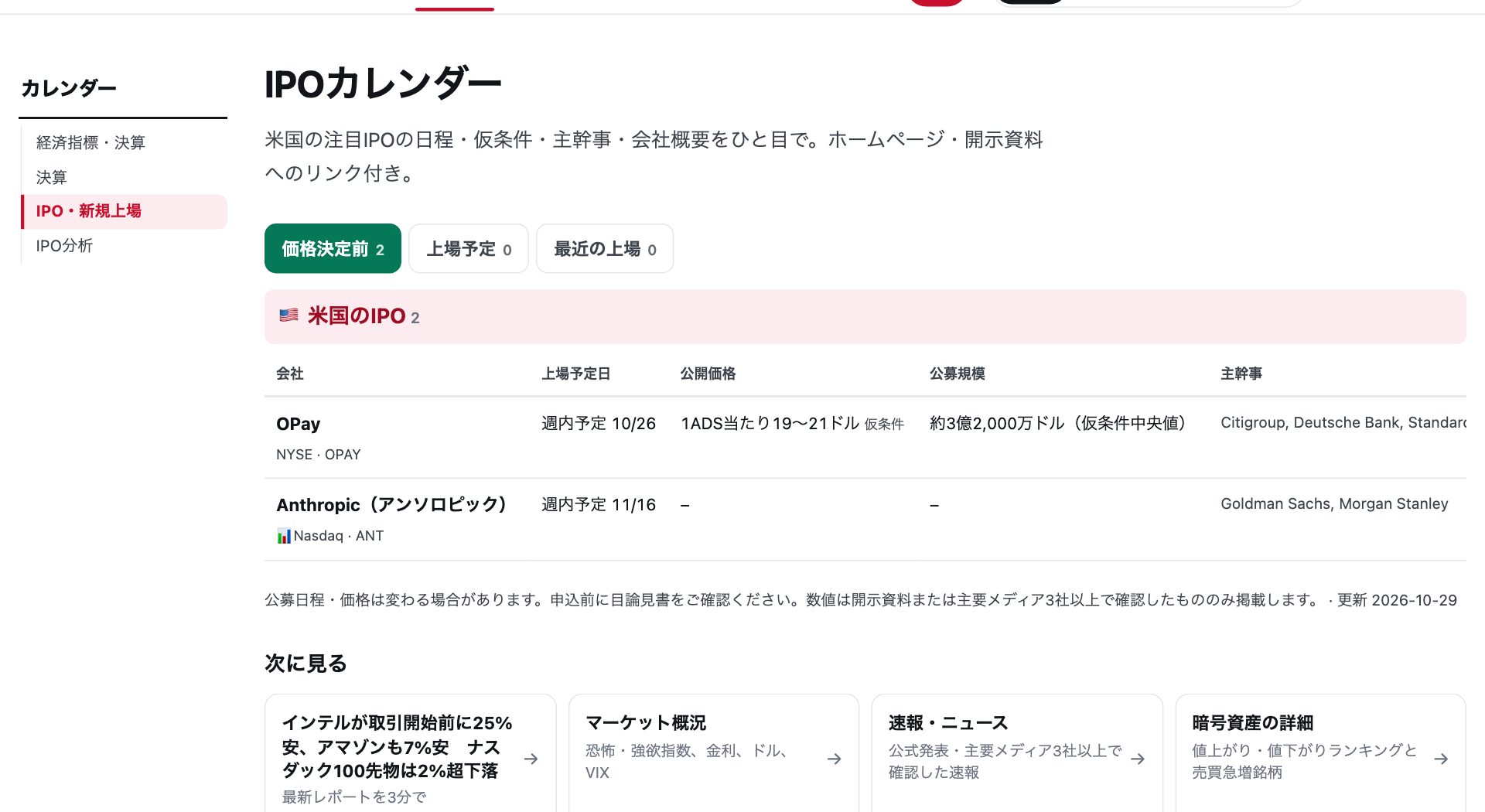 米国のIPO予定