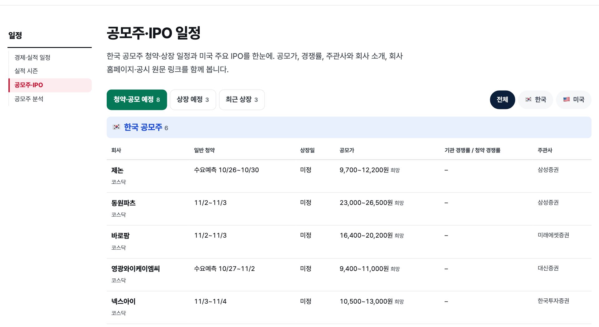 공모주·IPO 일정 화면